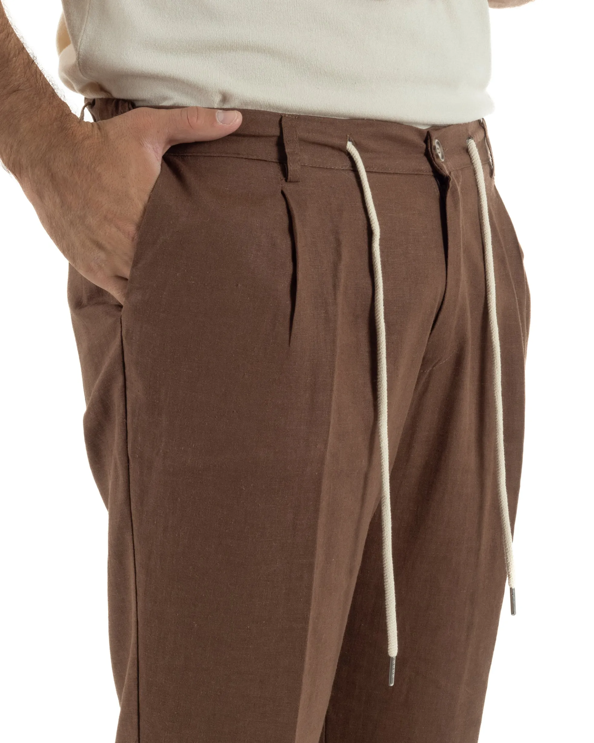 Pantaloni uomo lino tasche america elastico sul retro pinces laccio marrone GIOSAL-P6498A
