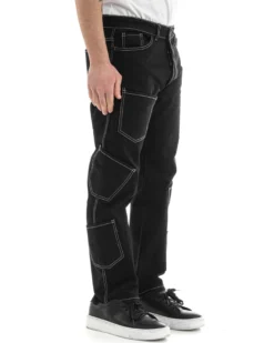 Pantaloni Uomo Lungo Cargo Jeans Nero Tasche Straight Fit GIOSAL-P5662A