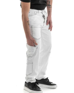 Pantaloni Uomo Lungo Cargo Jeans Bianco Tasche Straight Fit GIOSAL-P5661A
