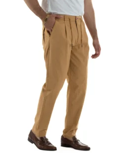 Pantaloni uomo pantalaccio chino lino elastico sul retro camel BERNA M-261237
