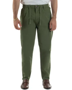 Pantaloni uomo pantalaccio chino lino elastico sul retro verde militare BERNA M-261237