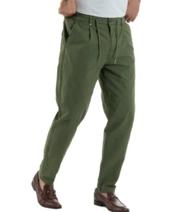 Pantaloni uomo pantalaccio chino lino elastico sul retro verde militare BERNA M-261237