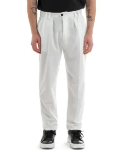 Pantaloni Uomo Pantalaccio Comodo Viscosa Con Elastico Con Pinces Straight Fit Tinta Unita Bianco GIOSAL-P5649A