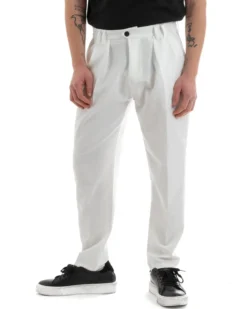 Pantaloni Uomo Pantalaccio Comodo Viscosa Con Elastico Con Pinces Straight Fit Tinta Unita Bianco GIOSAL-P5649A