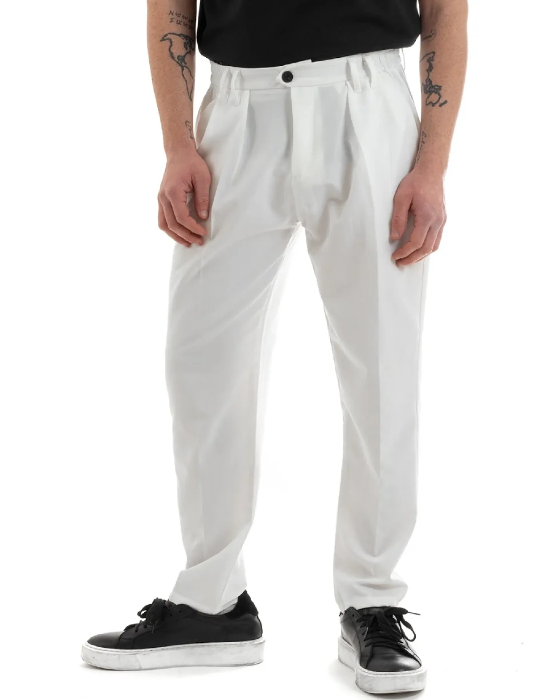 Pantaloni Uomo Pantalaccio Comodo Viscosa Con Elastico Con Pinces Straight Fit Tinta Unita Bianco GIOSAL-P5649A