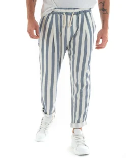Pantaloni Uomo Pantalaccio Cotone Viscosa Lungo Jogger Casual Con Coulisse Con Elastico Rigato Blu GIOSAL-P5876A