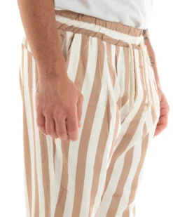 Pantaloni Uomo Pantalaccio Cotone Viscosa Lungo Jogger Casual Con Coulisse Con Elastico Rigato Beige GIOSAL-P5878A