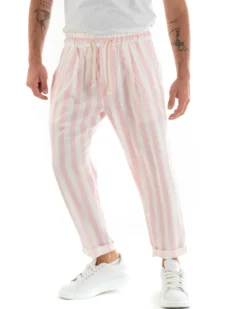 Pantaloni Uomo Pantalaccio Cotone Viscosa Lungo Jogger Casual Con Coulisse Con Elastico Rigato Rosa GIOSAL-P5873A
