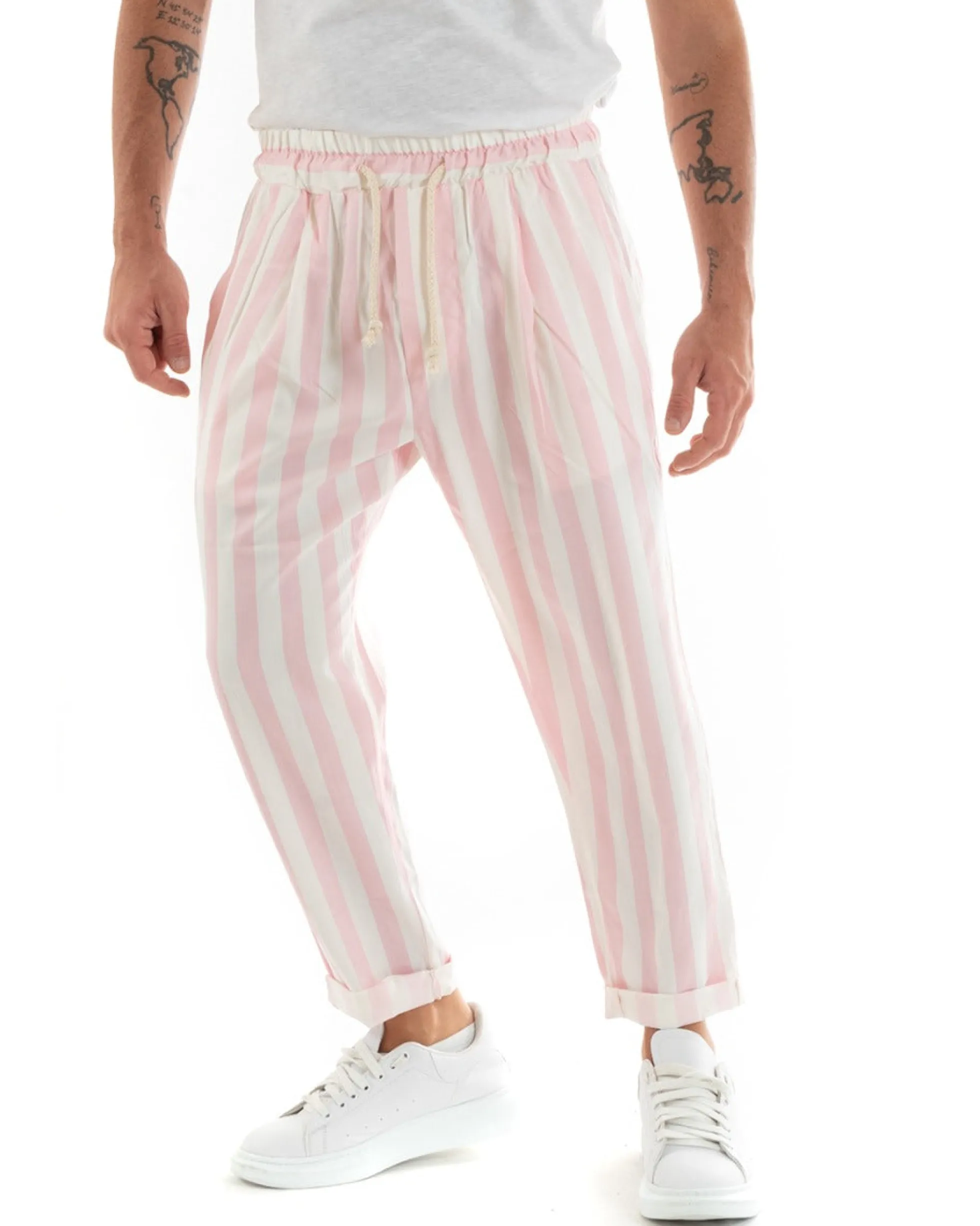 Pantaloni Uomo Pantalaccio Cotone Viscosa Lungo Jogger Casual Con Coulisse Con Elastico Rigato Rosa GIOSAL-P5873A
