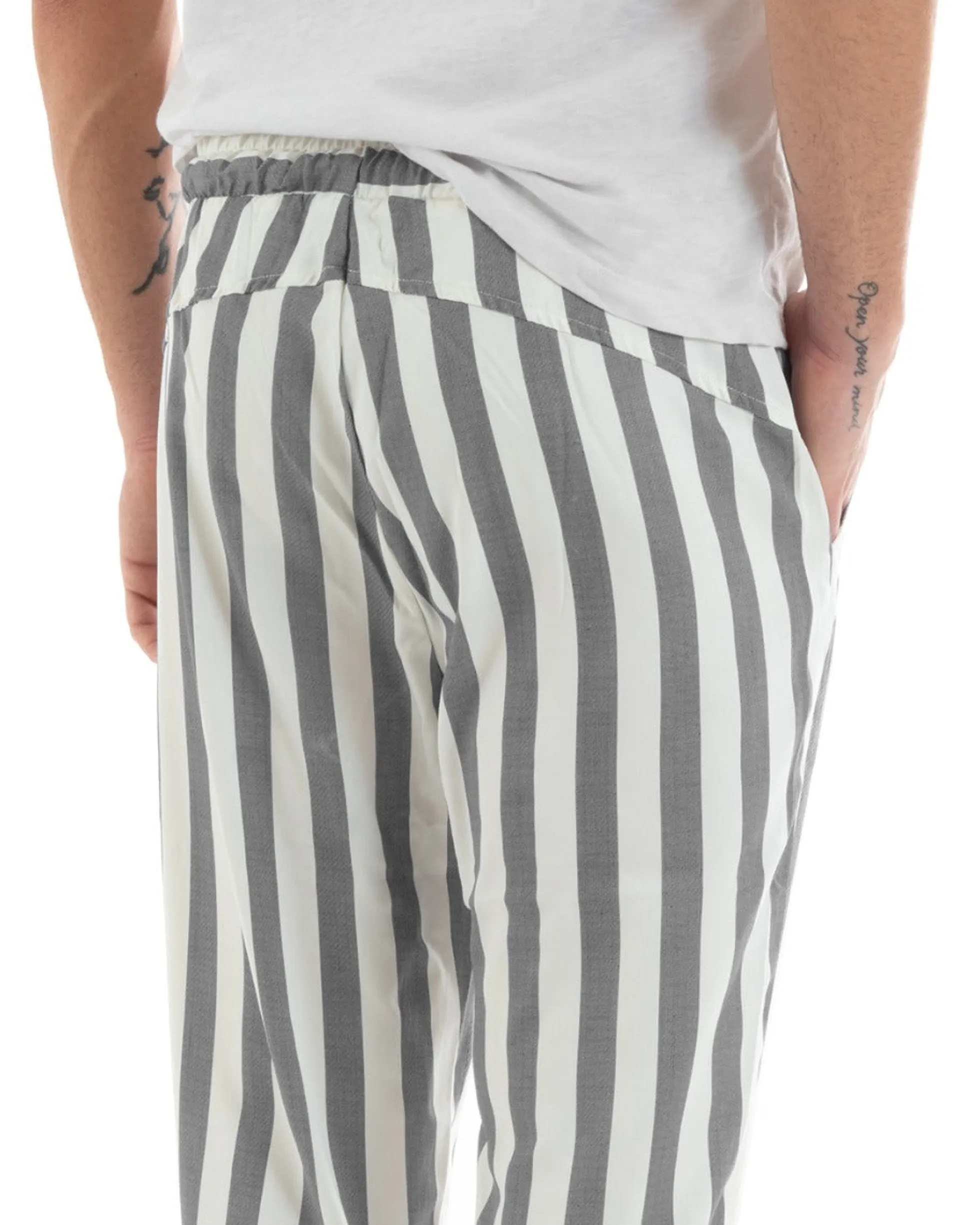 Pantaloni Uomo Pantalaccio Cotone Viscosa Lungo Jogger Casual Con Coulisse Con Elastico Rigato Nero GIOSAL-P5877A