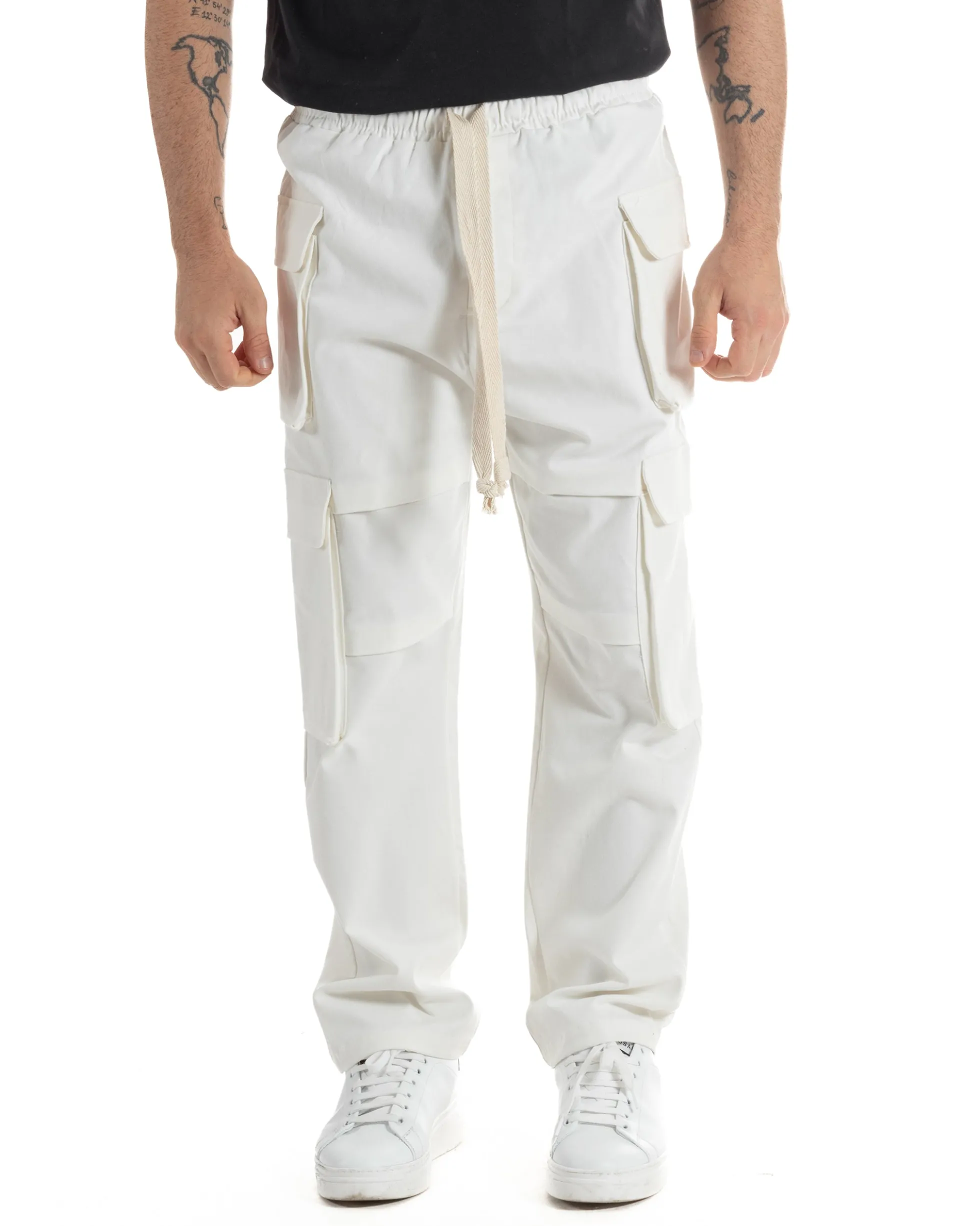 Pantaloni Uomo Pantalaccio Con Tasconi Cargo Baggy Bianco Con Coulisse Fondo Largo GIOSAL-P6007A