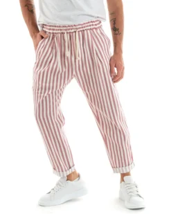 Pantaloni Uomo Pantalaccio Lungo Coulisse Elastico Cotone Viscosa Rigato Rosa GIOSAL-P5872A