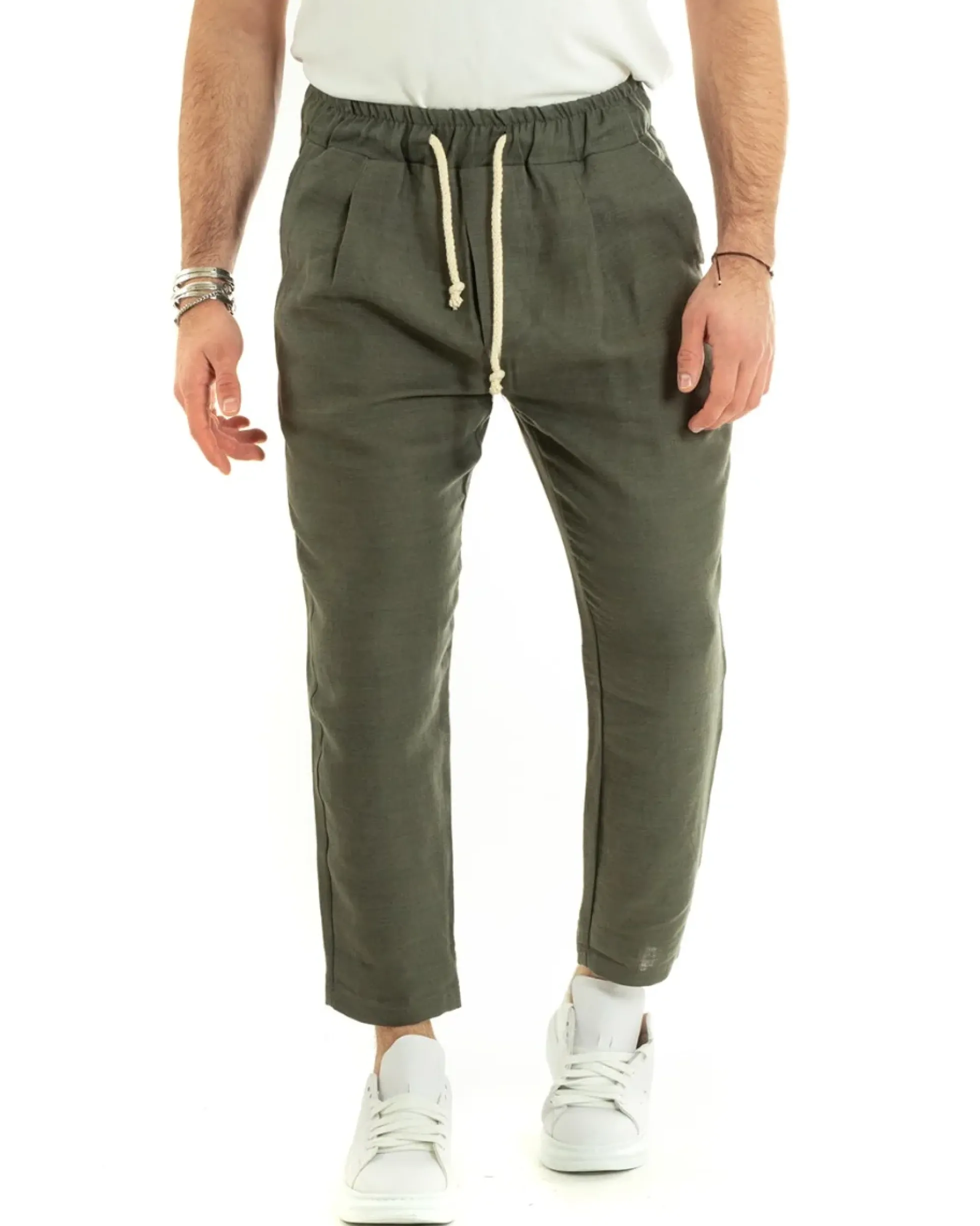 Pantaloni uomo pantalaccio lino jogger elastico verde GIOSAL-P5810A
