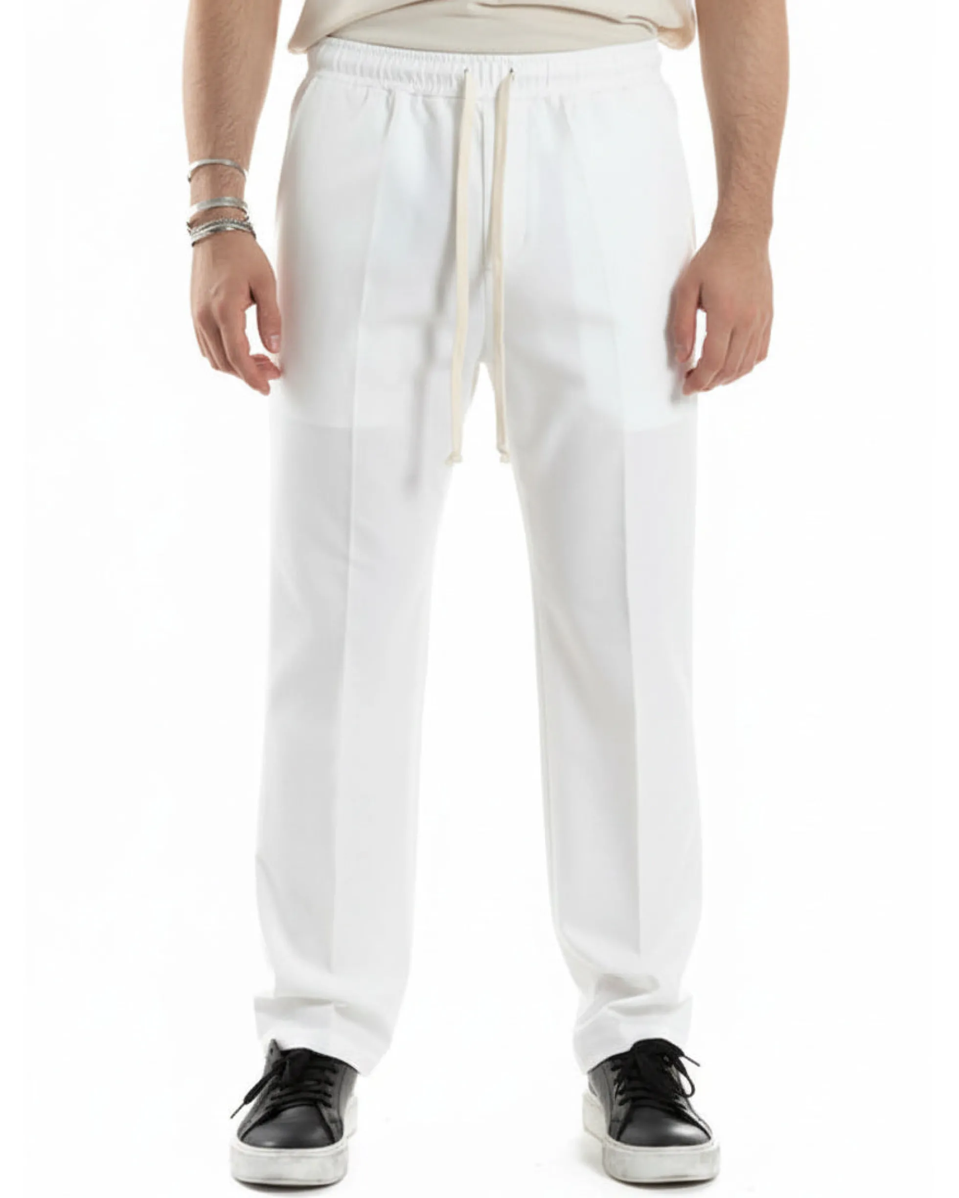 Pantaloni Uomo Pantalaccio Morbido Viscosa Baggy Fondo Largo Bianco P6223A
