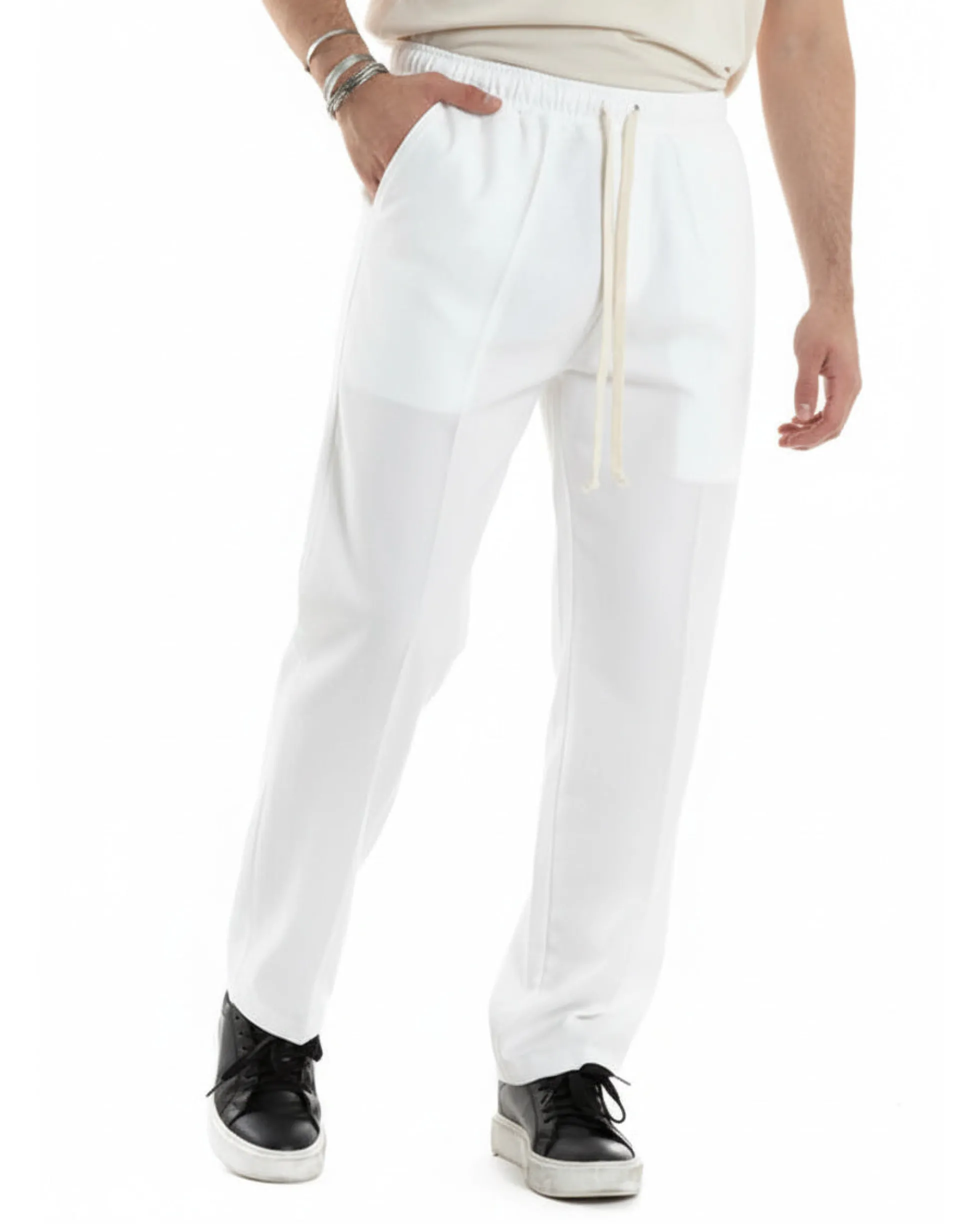 Pantaloni Uomo Pantalaccio Morbido Viscosa Baggy Fondo Largo Bianco P6223A