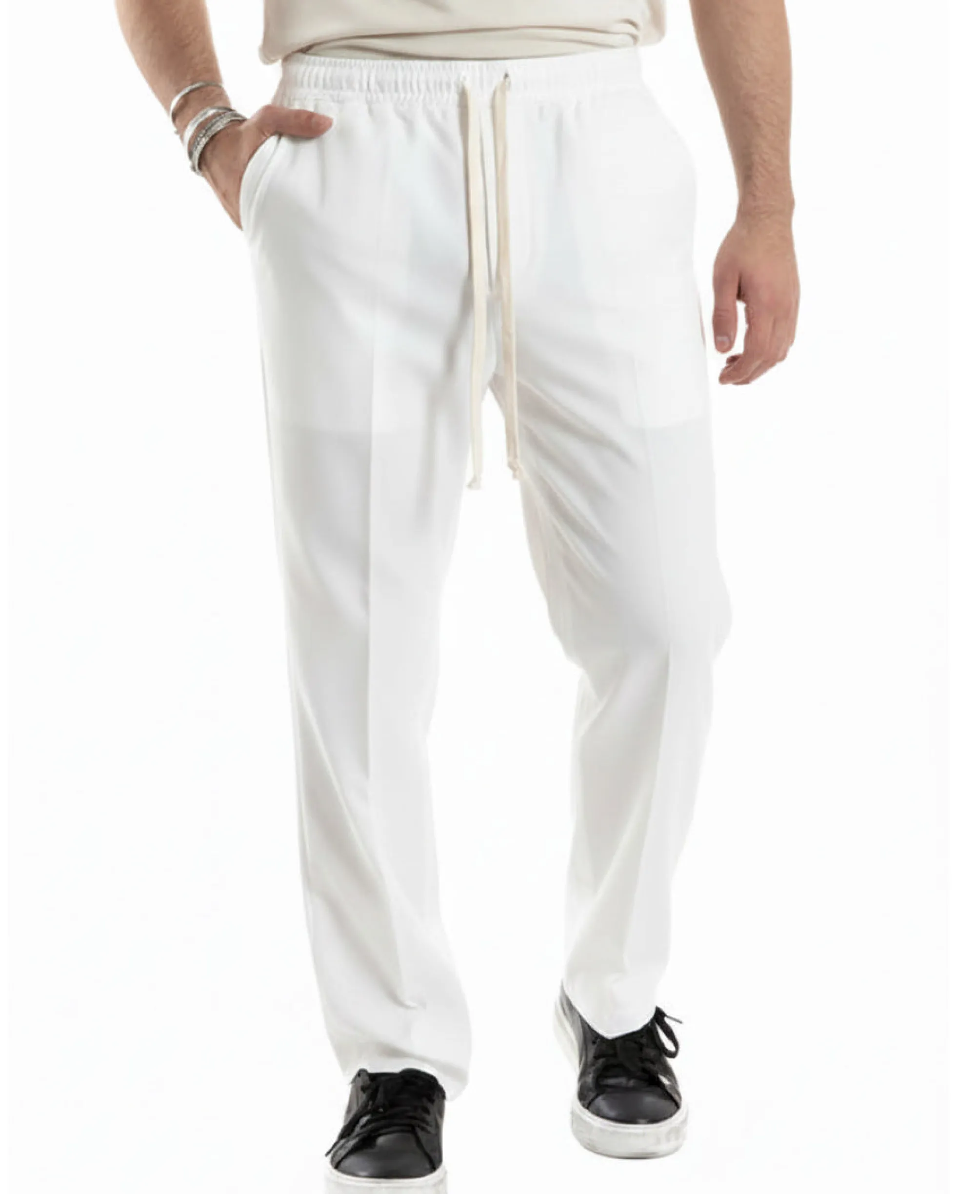 Pantaloni Uomo Pantalaccio Morbido Viscosa Baggy Fondo Largo Bianco P6223A