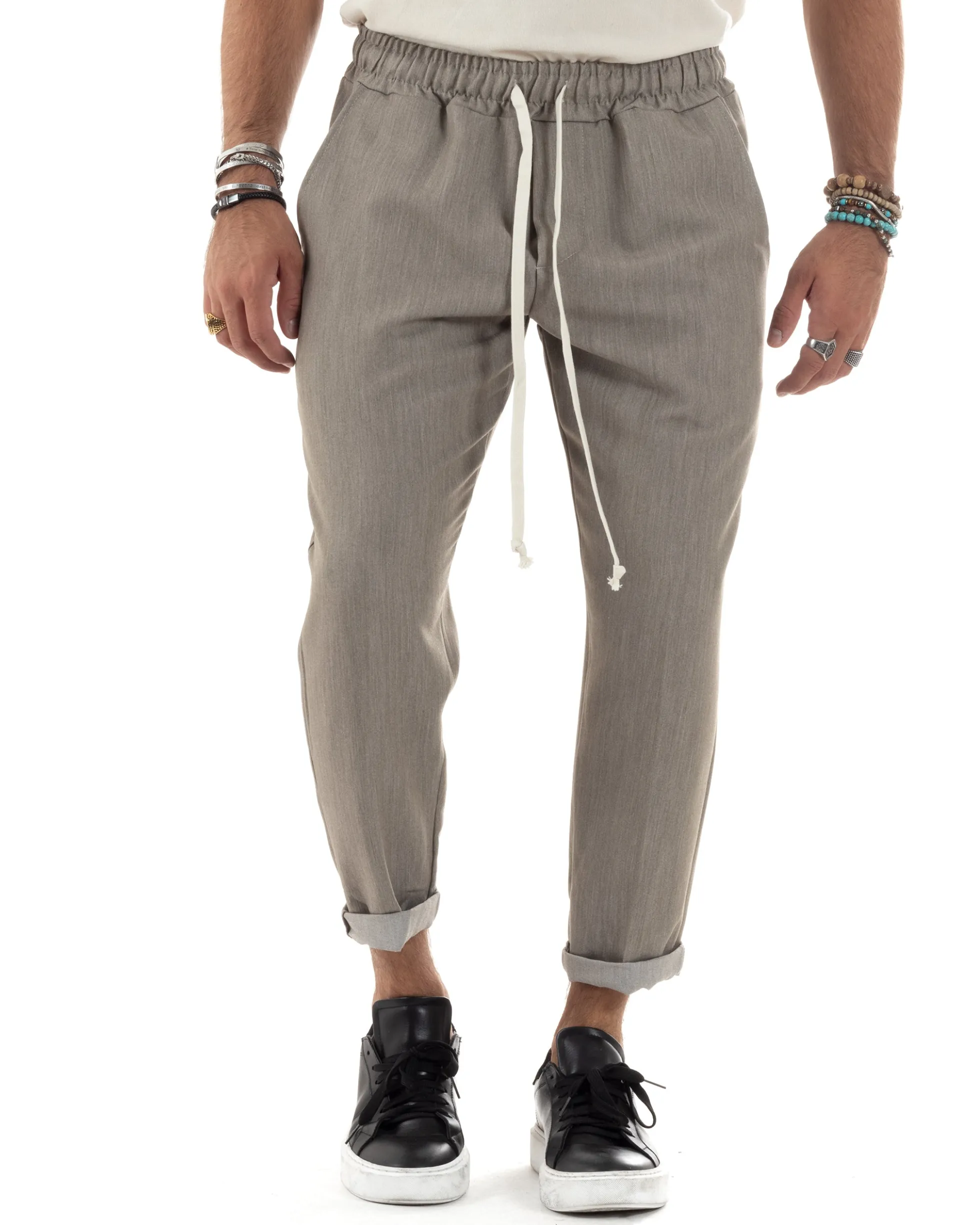 Pantaloni Uomo Pantalaccio Morbido Coulisse Viscosa Invernale Beige Melangiato P6153A