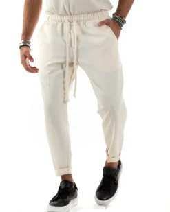 Pantaloni Uomo Pantalaccio Morbido Coulisse Viscosa Invernale Panna P6155A