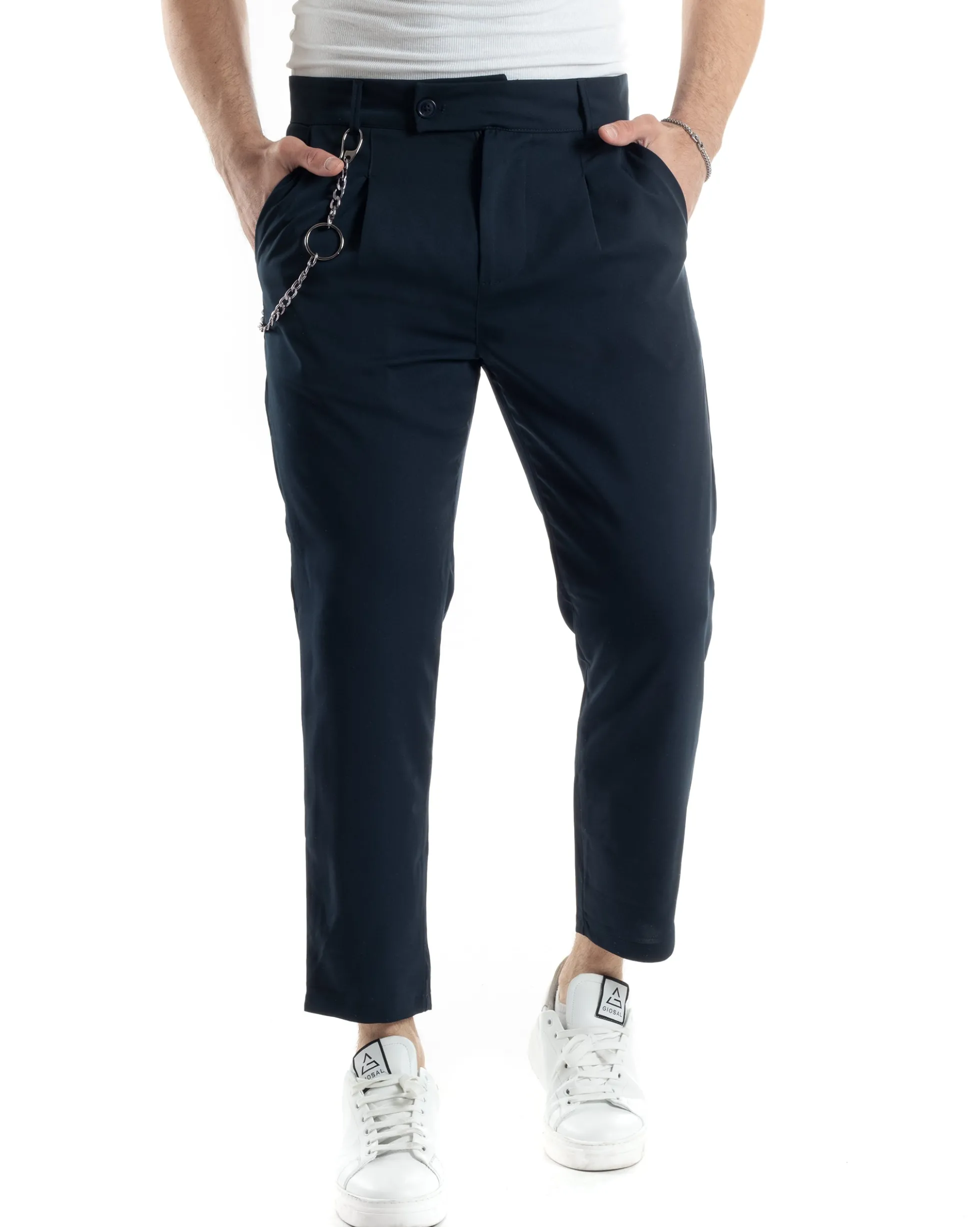 Pantaloni Uomo Tasca America Viscosa Abbottonatura Allungata Capri Casual Blu GIOSAL-P6059A