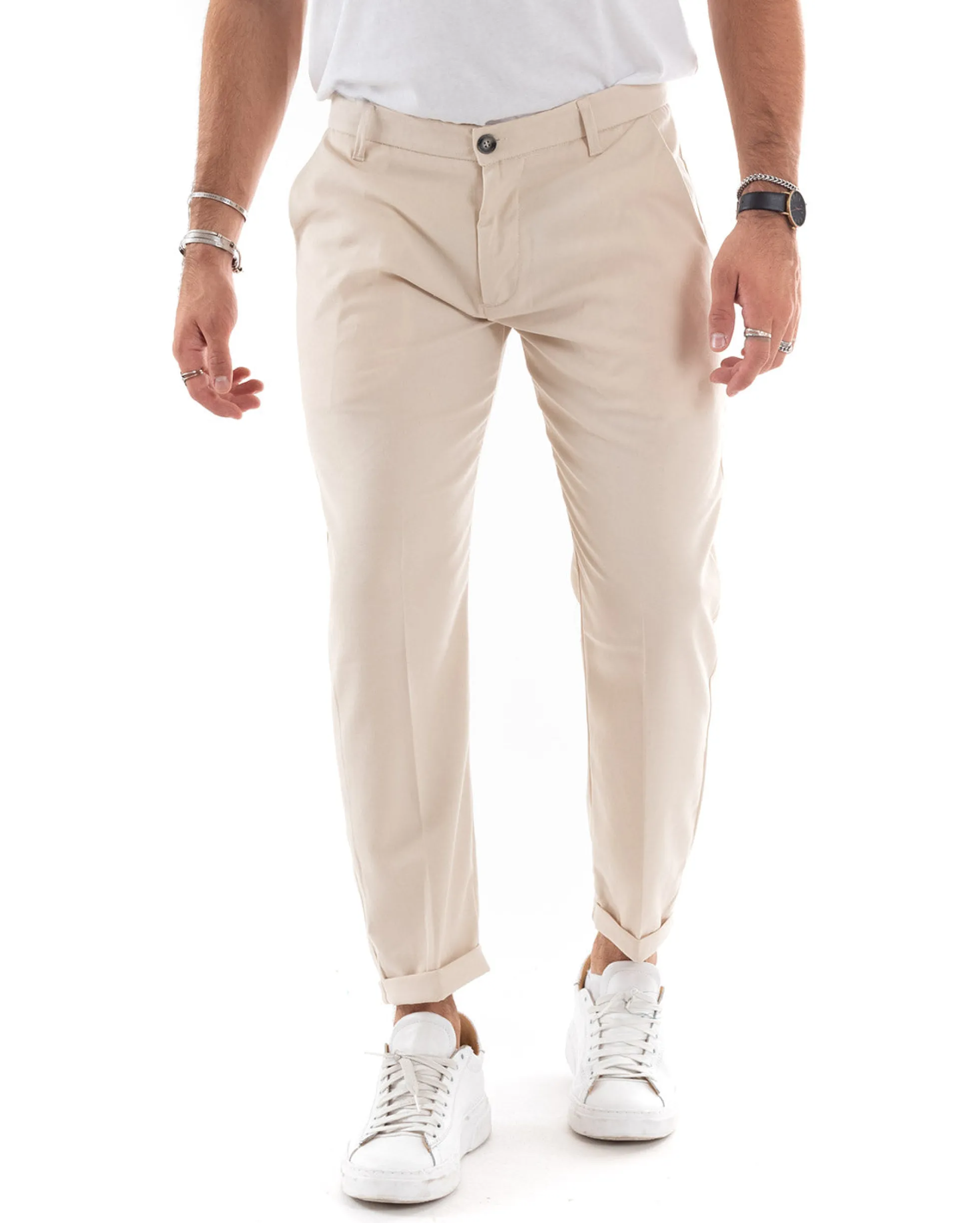 Pantaloni Uomo Tasca America Chinos Lungo Classico Slim Casual Tinta Unita Beige GIOSAL-P6165A
