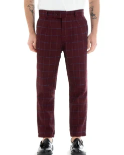 Pantaloni Uomo Tasca America Lino Classico Sartoriale Con Abbottonatura Allungata Con Pinces Scozzese Tartan Bordeaux GIOSAL-P3826A