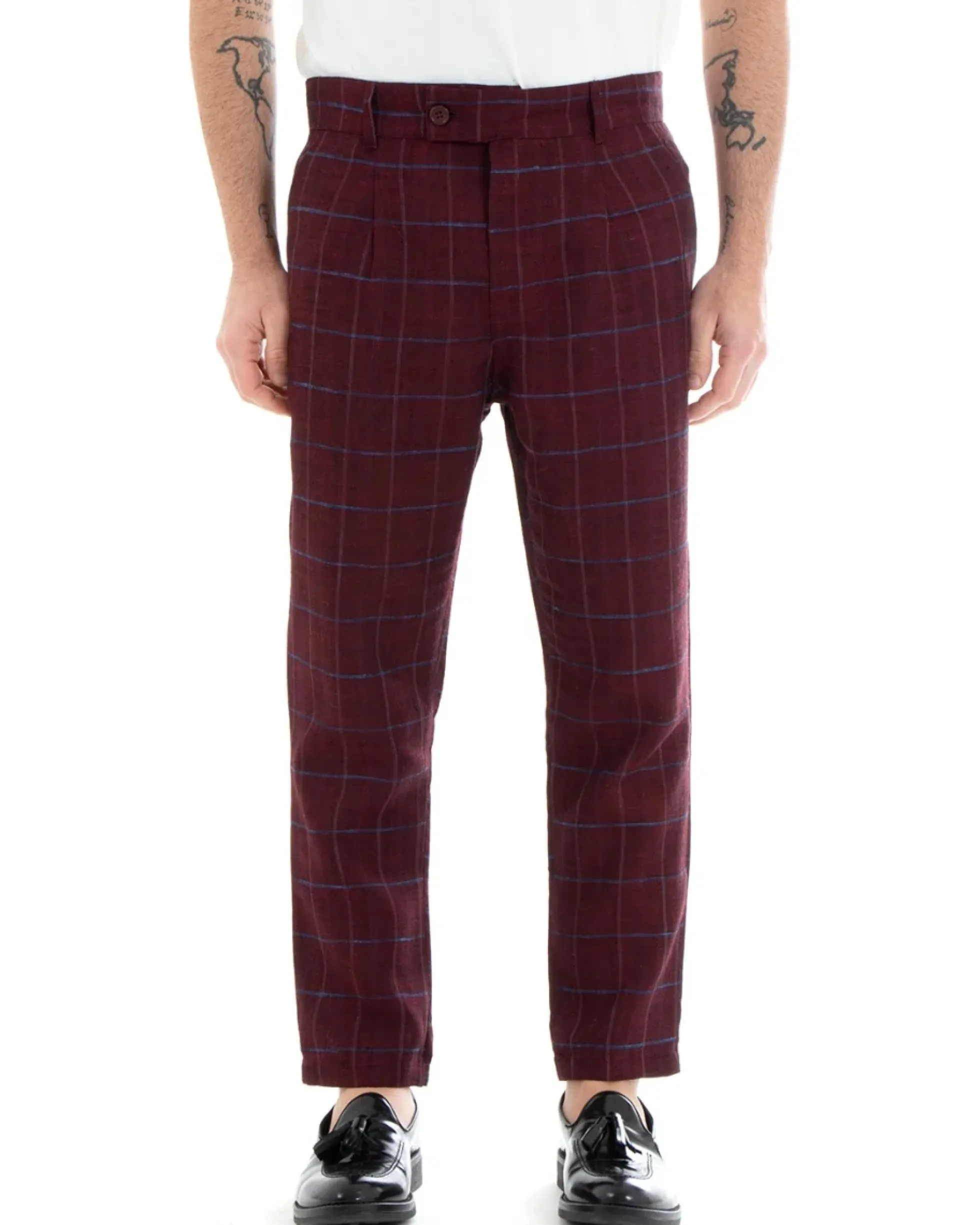 Pantaloni Uomo Tasca America Lino Classico Sartoriale Con Abbottonatura Allungata Con Pinces Scozzese Tartan Bordeaux GIOSAL-P3826A