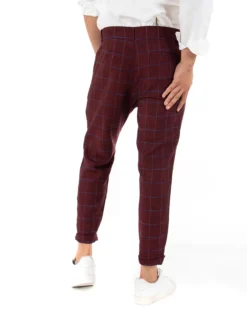 Pantaloni Uomo Tasca America Lino Classico Sartoriale Con Abbottonatura Allungata Con Pinces Scozzese Tartan Bordeaux GIOSAL-P3826A