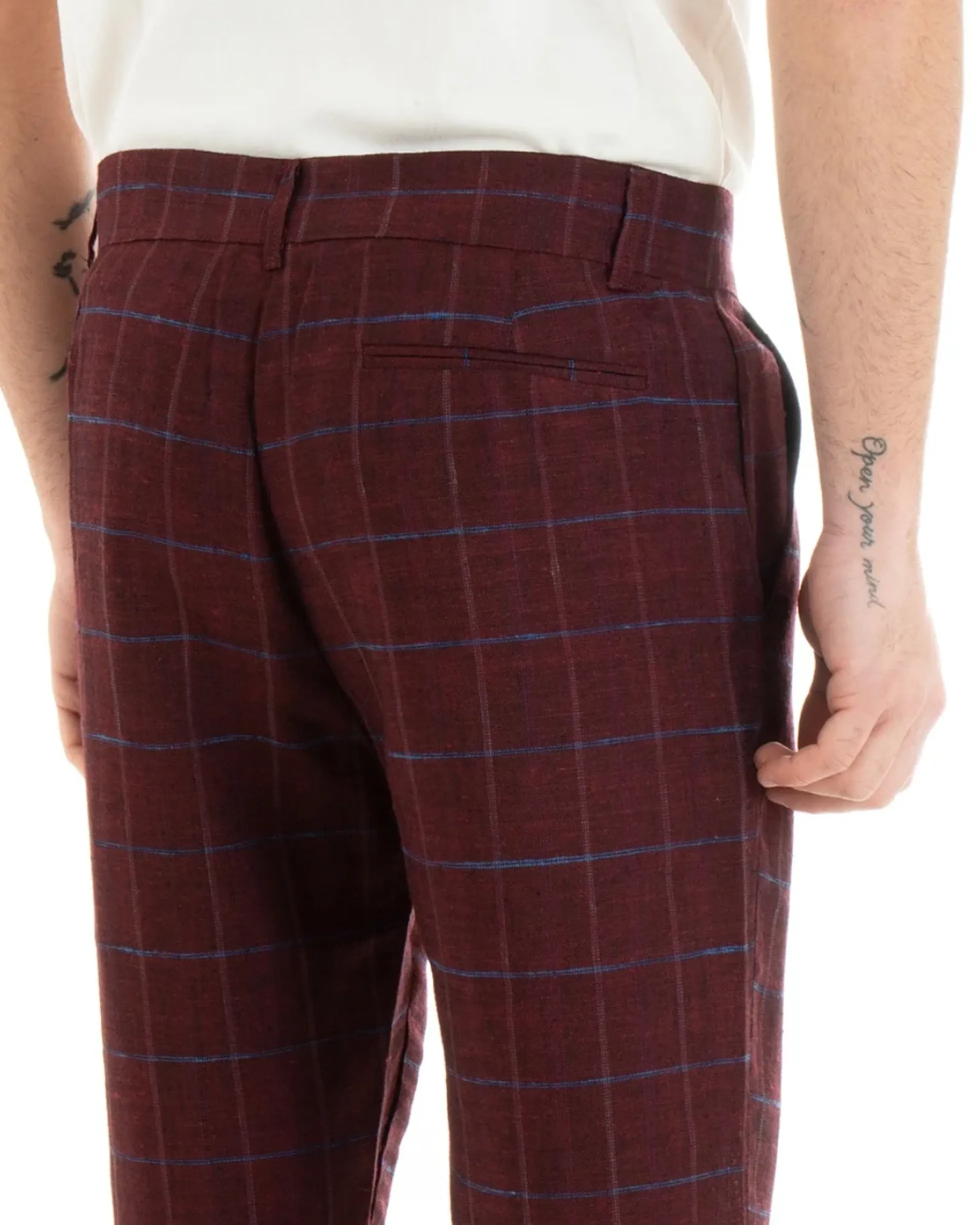 Pantaloni Uomo Tasca America Lino Classico Sartoriale Con Abbottonatura Allungata Con Pinces Scozzese Tartan Bordeaux GIOSAL-P3826A