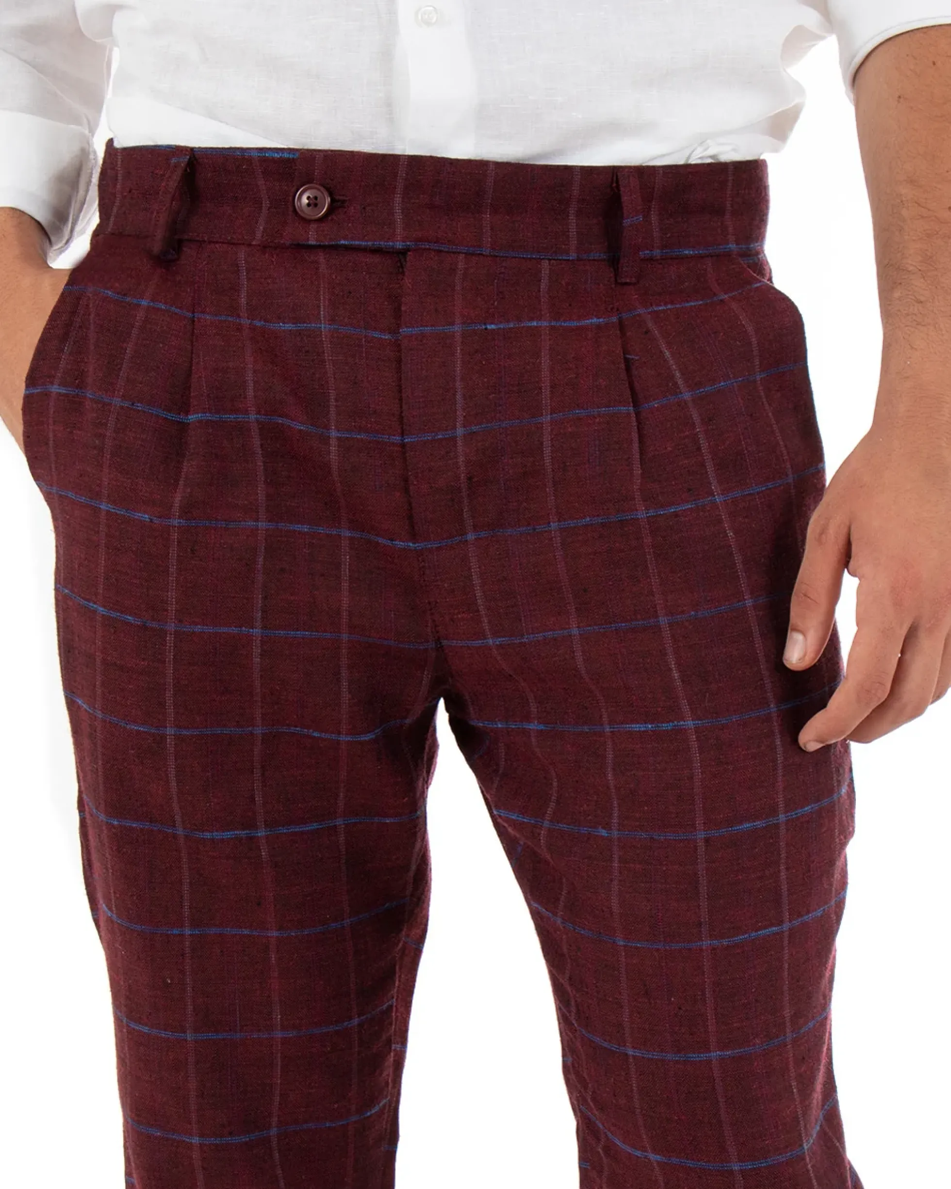 Pantaloni Uomo Tasca America Lino Classico Sartoriale Con Abbottonatura Allungata Con Pinces Scozzese Tartan Bordeaux GIOSAL-P3826A