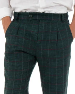 Pantaloni Uomo Tasca America Lino Classico Sartoriale Con Abbottonatura Allungata Con Pinces Scozzese Tartan Verde GIOSAL-P3827A