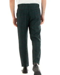 Pantaloni Uomo Tasca America Lino Classico Sartoriale Con Abbottonatura Allungata Con Pinces Scozzese Tartan Verde GIOSAL-P3827A