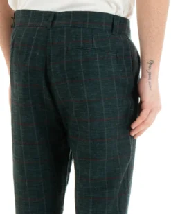 Pantaloni Uomo Tasca America Lino Classico Sartoriale Con Abbottonatura Allungata Con Pinces Scozzese Tartan Verde GIOSAL-P3827A