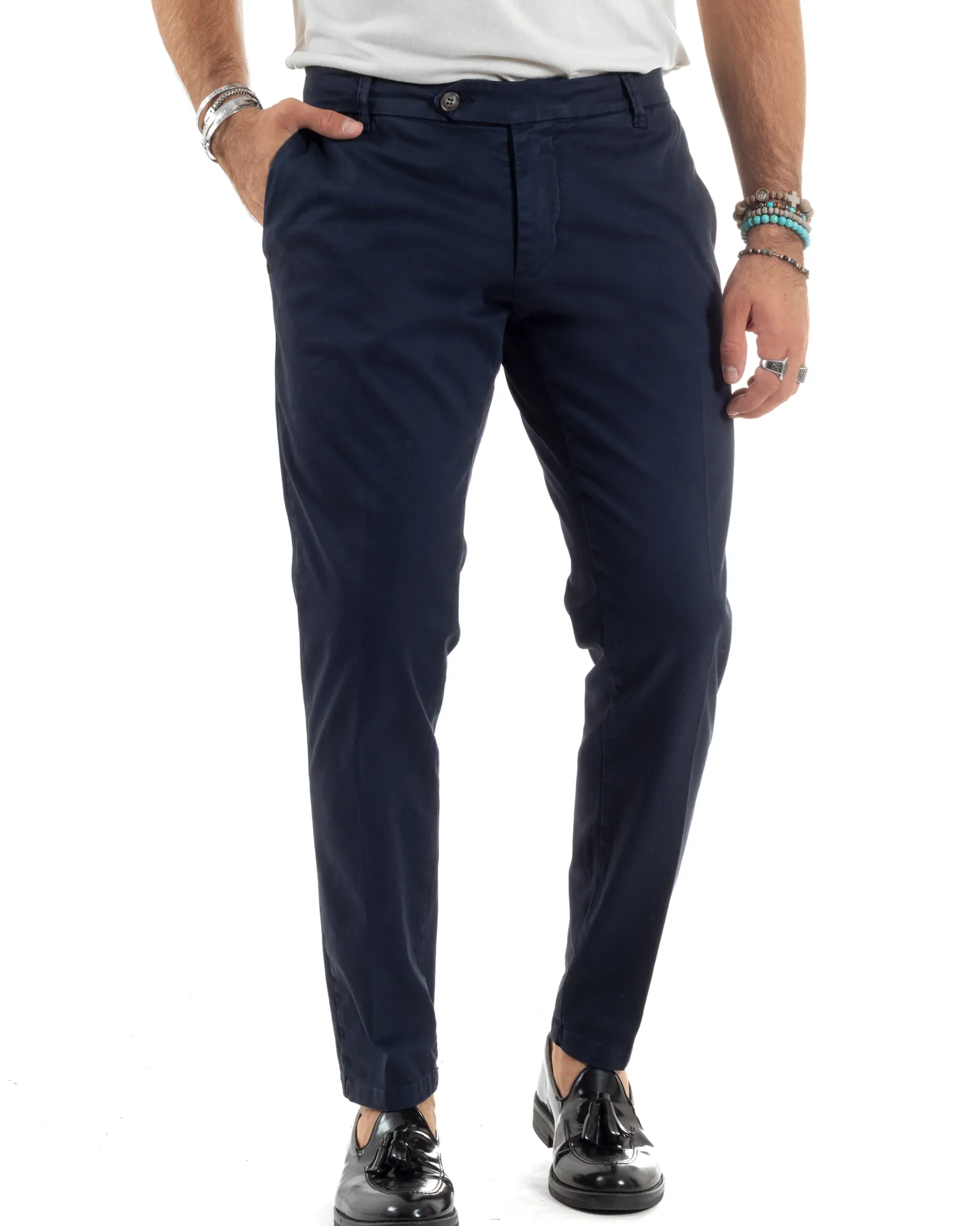 Pantaloni Uomo Tasche America Abbottonatura Allungata Cotone Invernale Capri Slim Blu P6176A