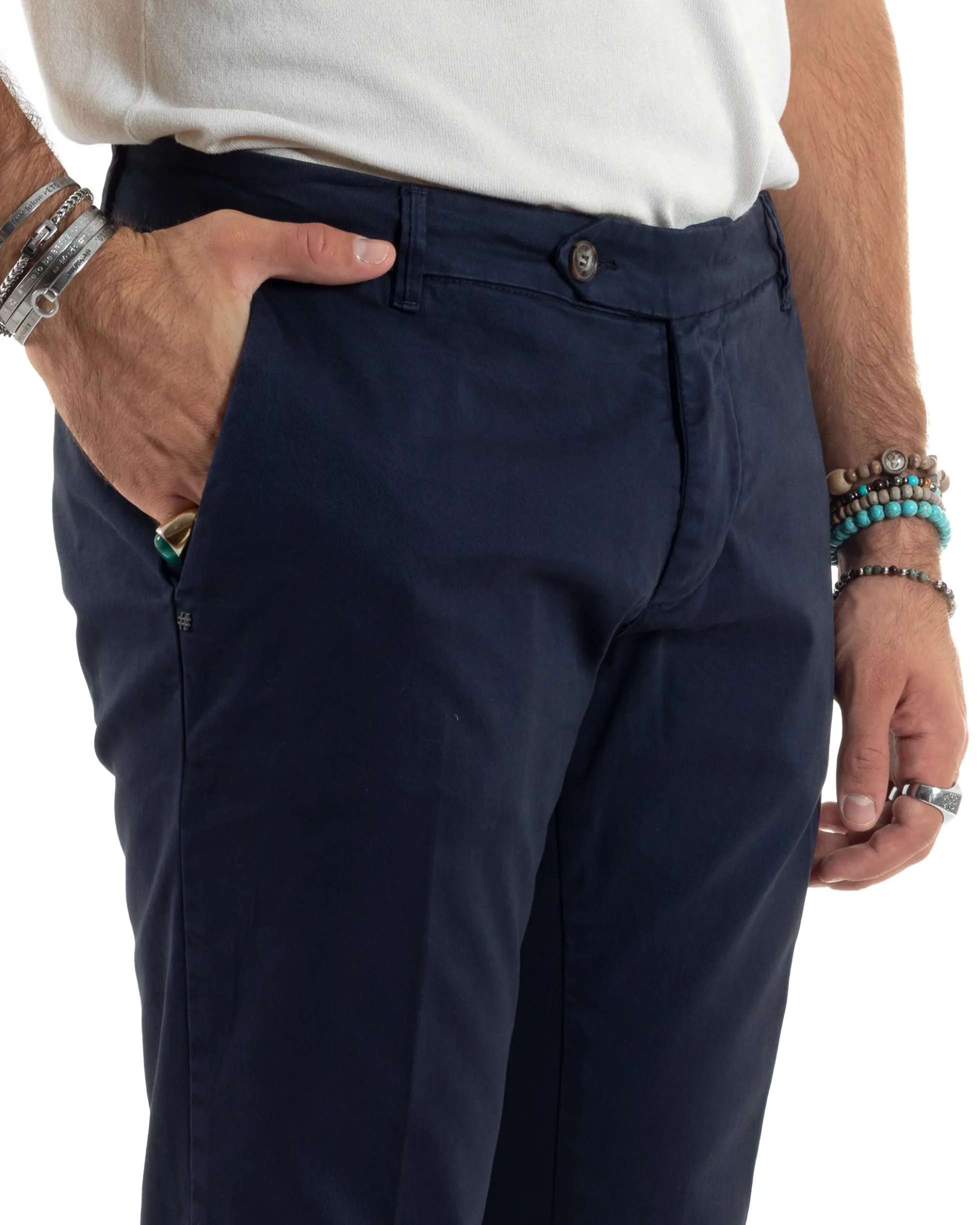 Pantaloni Uomo Tasche America Abbottonatura Allungata Cotone Invernale Capri Slim Blu P6176A