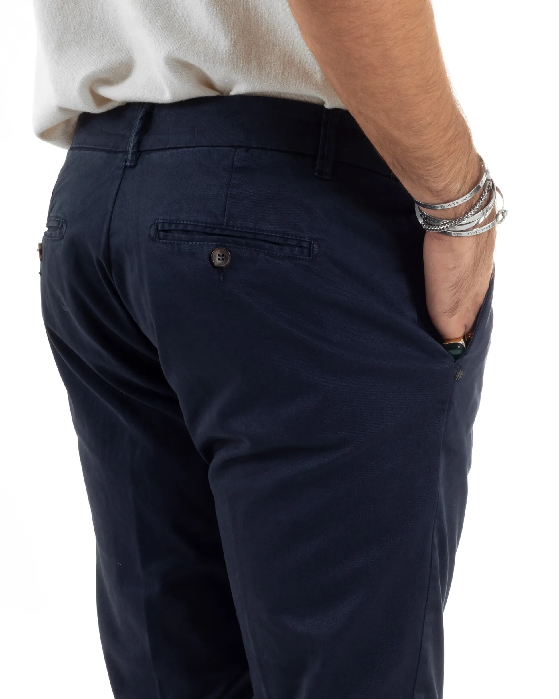 Pantaloni Uomo Tasche America Abbottonatura Allungata Cotone Invernale Capri Slim Blu P6176A