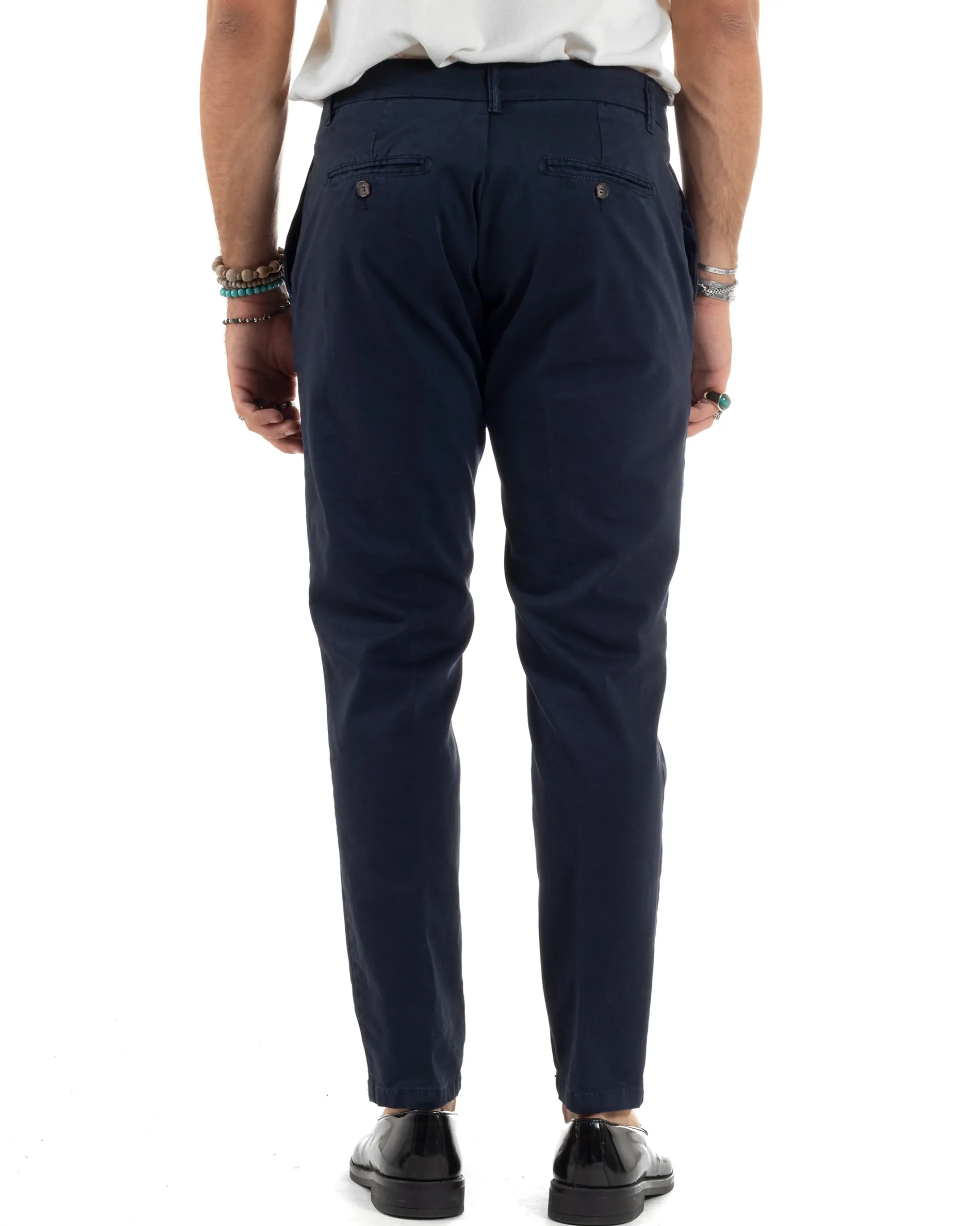 Pantaloni Uomo Tasche America Abbottonatura Allungata Cotone Invernale Capri Slim Blu P6176A