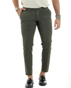 Pantaloni Uomo Tasche America Abbottonatura Allungata Cotone Invernale Capri Slim Verde P6177A