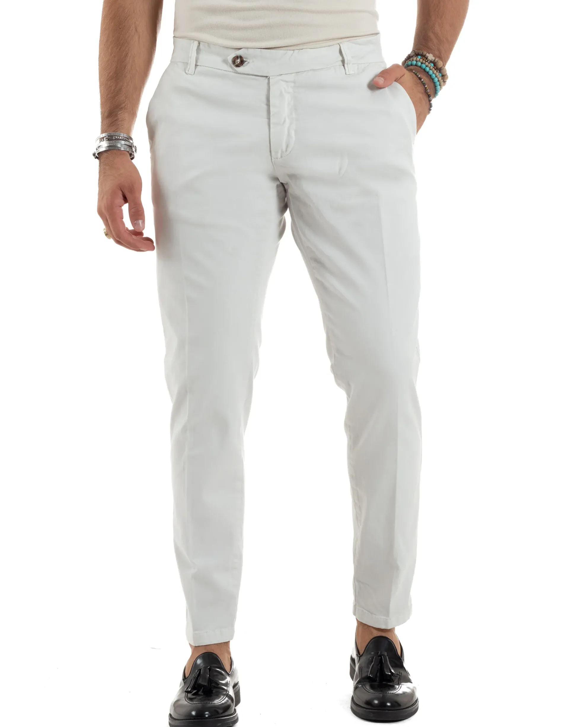 Pantaloni Uomo Tasche America Abbottonatura Allungata Cotone Invernale Capri Slim Bianco P6173A