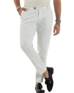 Pantaloni Uomo Tasche America Abbottonatura Allungata Cotone Invernale Capri Slim Bianco P6173A