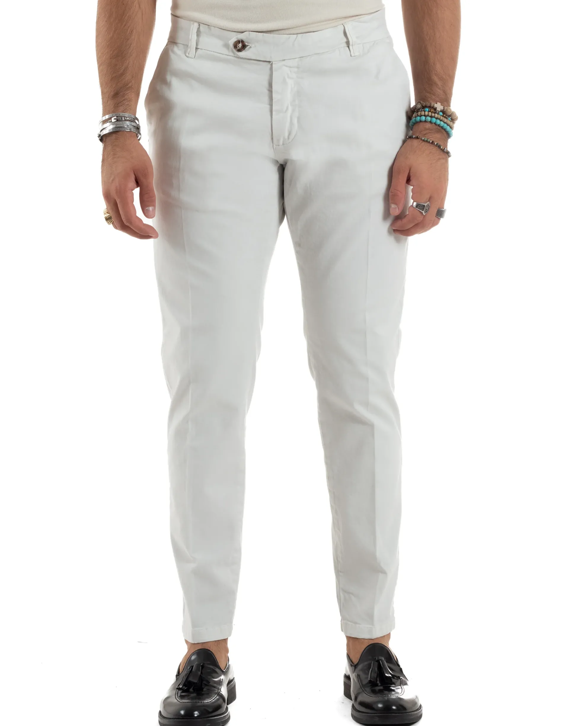 Pantaloni Uomo Tasche America Abbottonatura Allungata Cotone Invernale Capri Slim Bianco P6173A