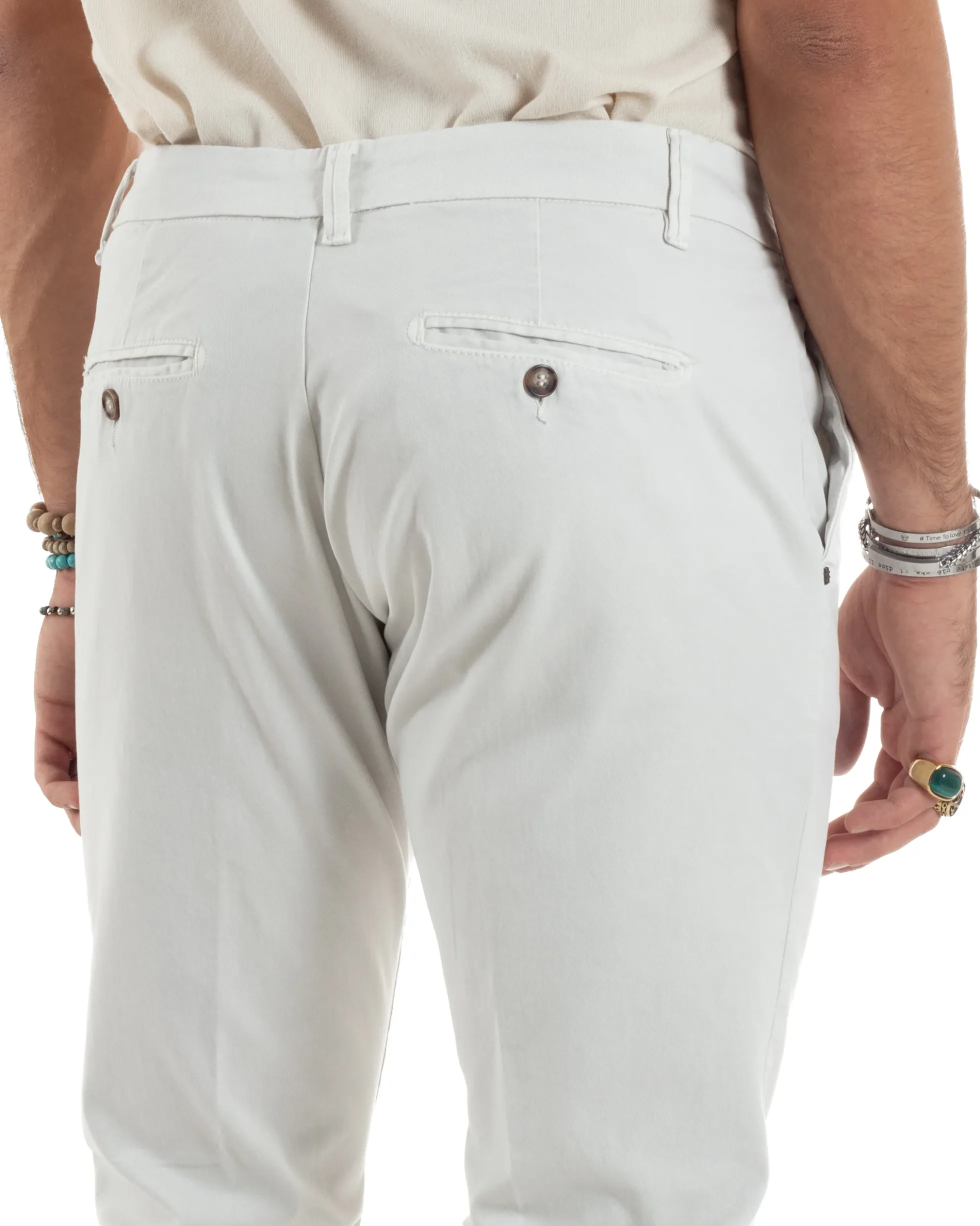 Pantaloni Uomo Tasche America Abbottonatura Allungata Cotone Invernale Capri Slim Bianco P6173A