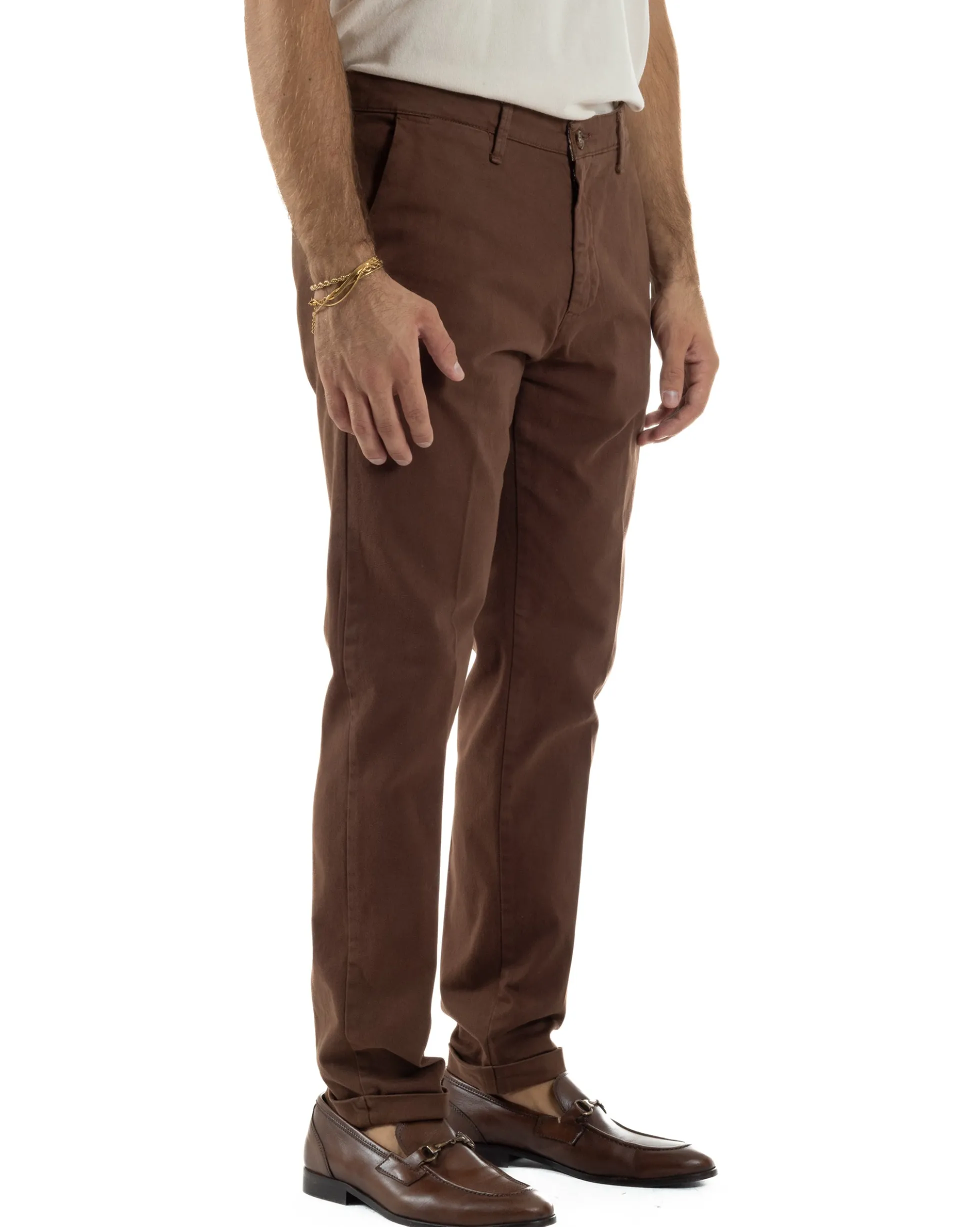 Pantaloni Uomo Tasche America Chino Cotone Slim Fit Marrone Over-D OC1F2W5P03