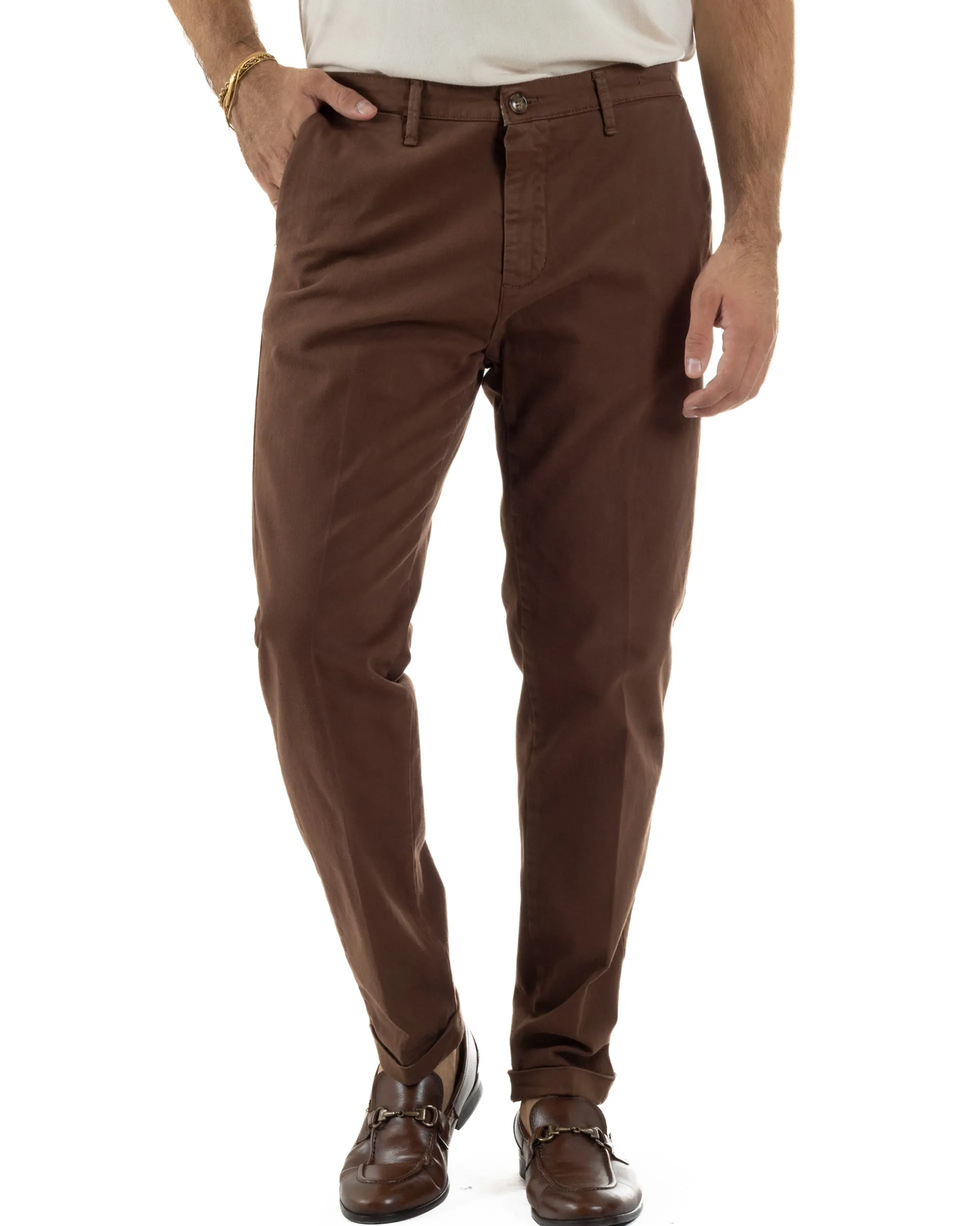 Pantaloni Uomo Tasche America Chino Cotone Slim Fit Marrone Over-D OC1F2W5P03