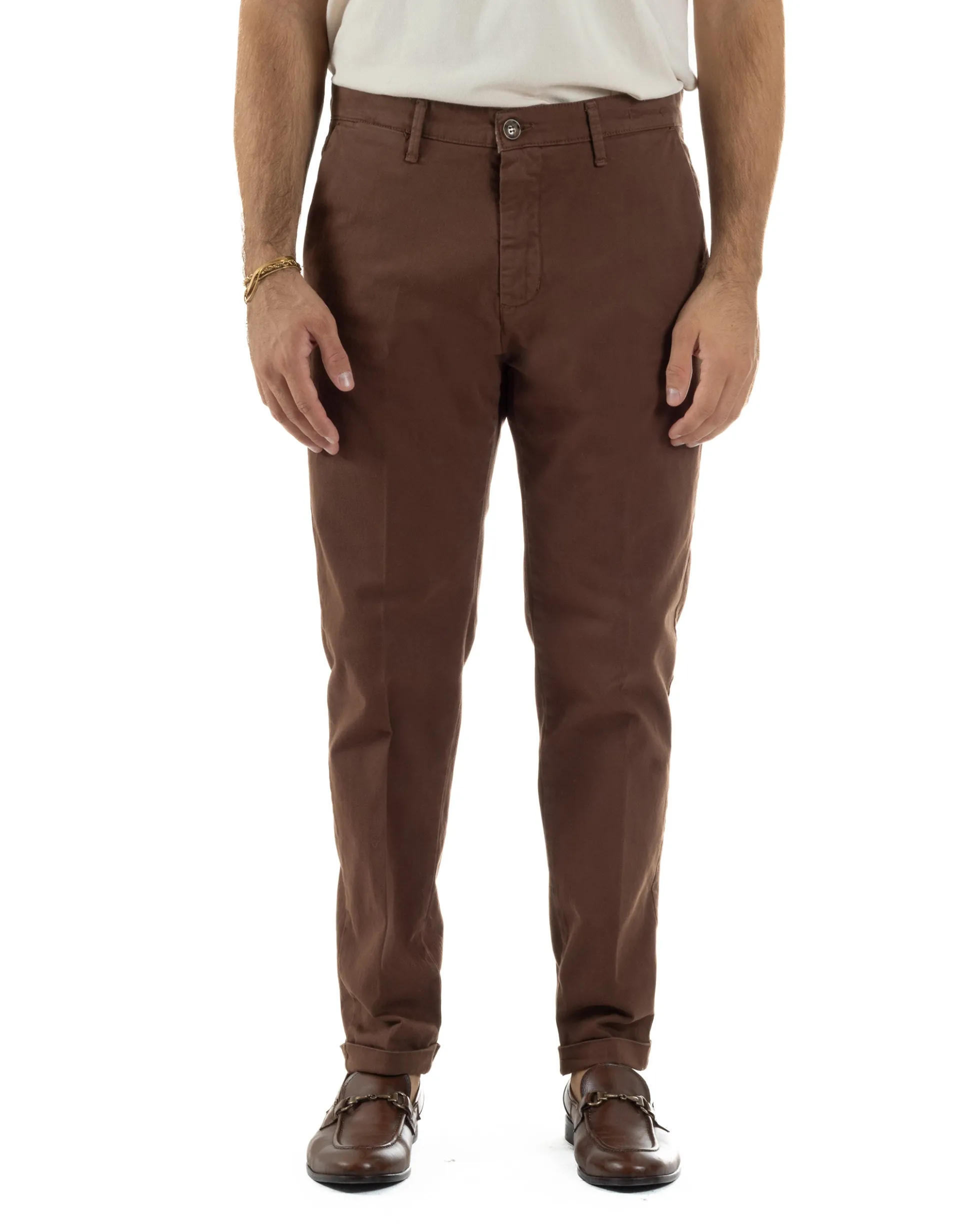 Pantaloni Uomo Tasche America Chino Cotone Slim Fit Marrone Over-D OC1F2W5P03