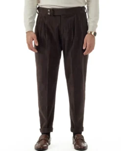 Pantaloni Uomo Velluto Costine Vita Alta Gurkha Pants Abbottonatura Allungata Fibbie Marrone BlackSunday P6426A