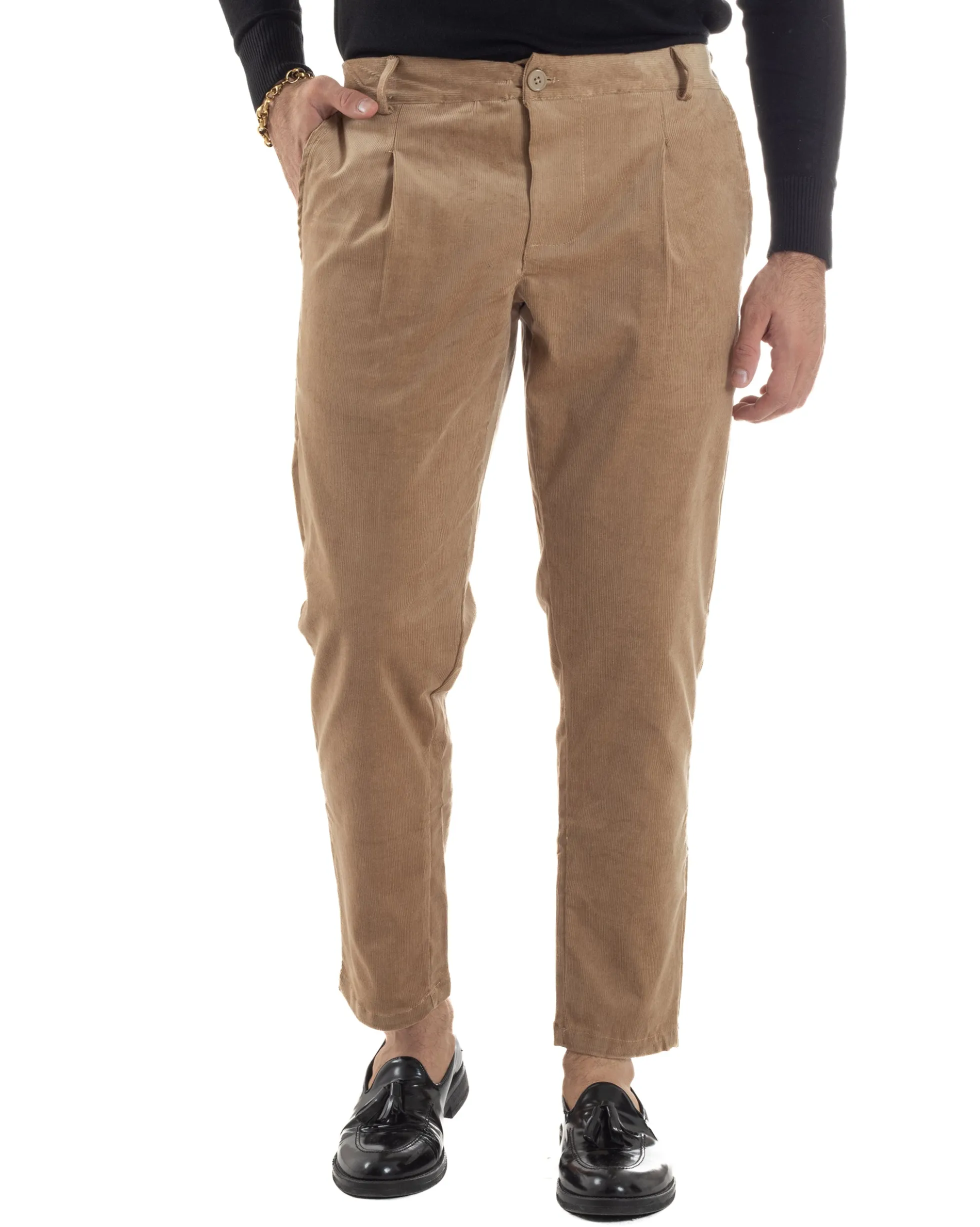 Pantaloni Uomo Velluto Tasche America Pinces Chino Beige P6415A