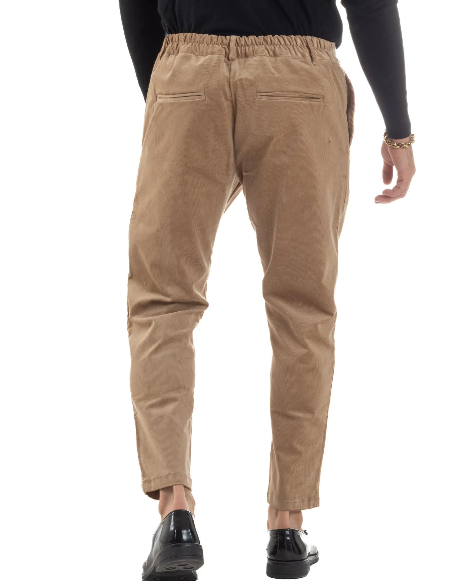 Pantaloni Uomo Velluto Tasche America Pinces Chino Beige P6415A