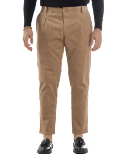 Pantaloni Uomo Velluto Tasche America Pinces Chino Beige P6415A