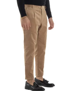 Pantaloni Uomo Velluto Tasche America Pinces Chino Beige P6415A