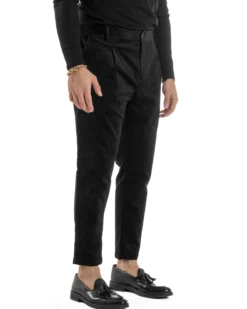 Pantaloni Uomo Velluto Tasche America Pinces Chino Nero P6416A